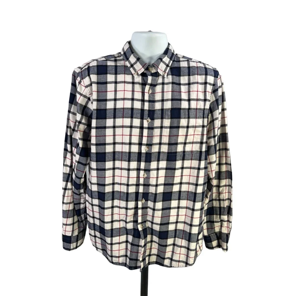 Banana Republic Men's White/Blue Plaid Untucked Long Sleeve Button Up Shirt - L